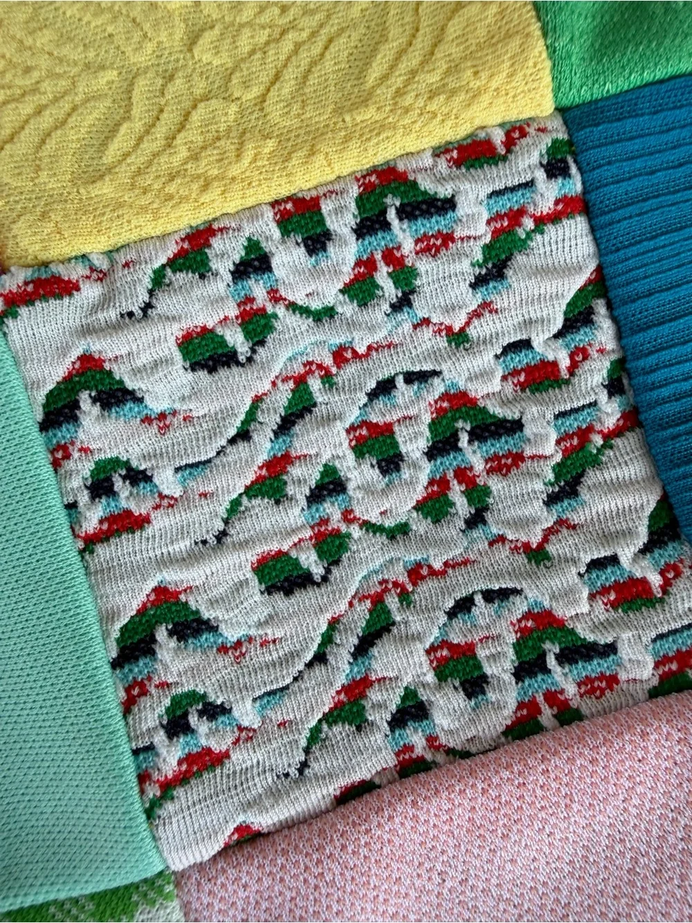 Vintage Double Knit Polyester Patchwork Scrap Quilt Bright Colorful 45x66